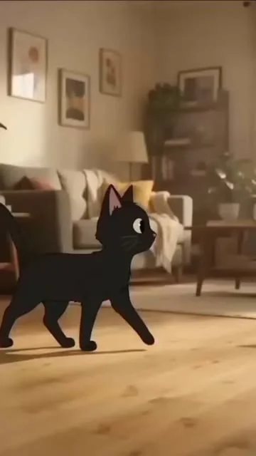 Ilustración del gato negro de Pandora Box caminando por una sala